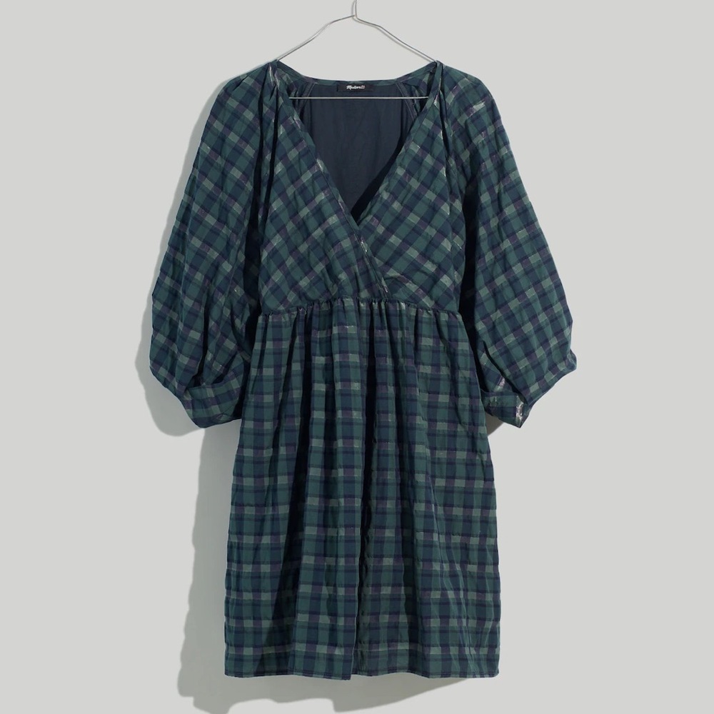 NWT Madewell Marianna Puff-Sleeve Mini Dress in Green Plaid Size Medium